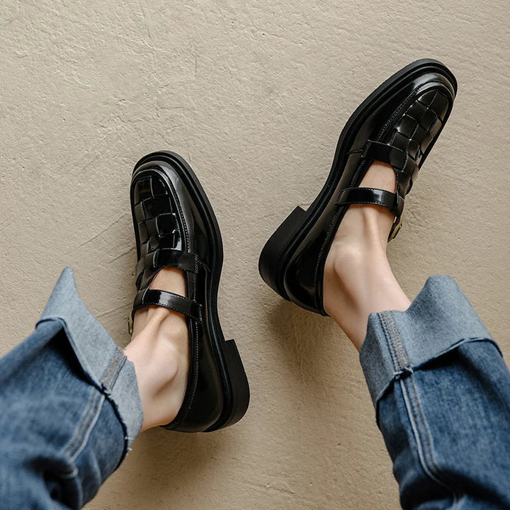 Basket-Weave Buckle Strap Flats in Black — VerolynBoutique