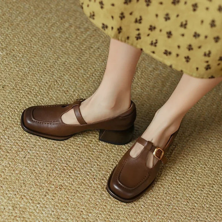 Stitched Gold Buckle T-Bar Shoes in Brown — VerolynBoutique