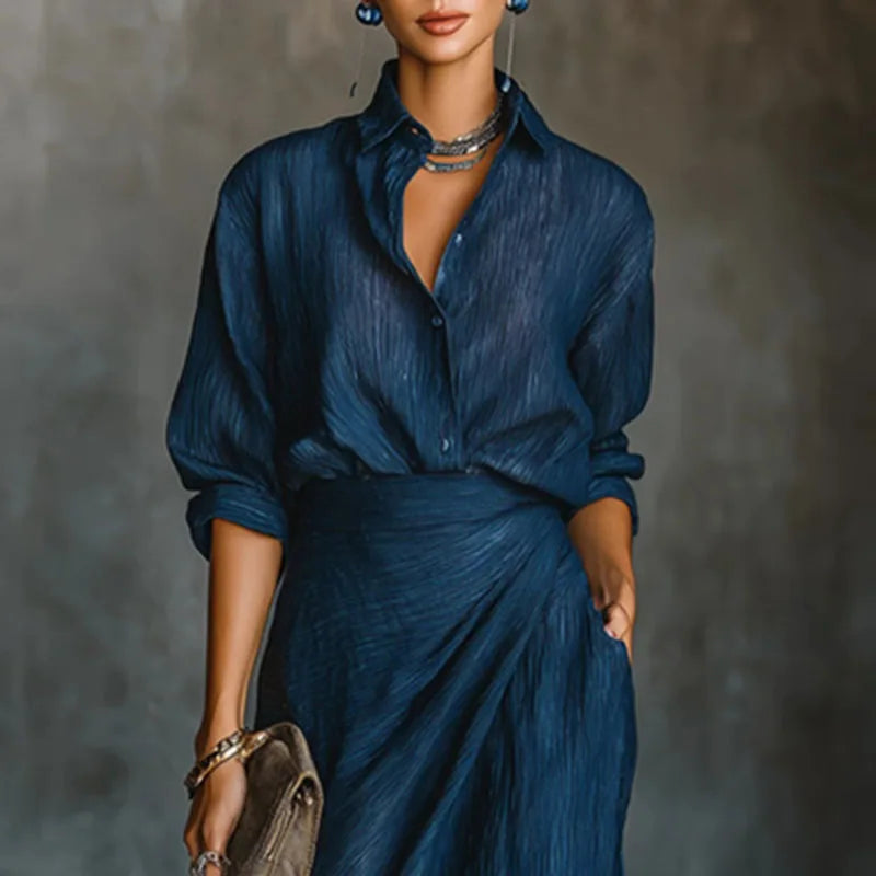 Crinkle Shirt Maxi Skirt Set in Denim Blue — VerolynBoutique