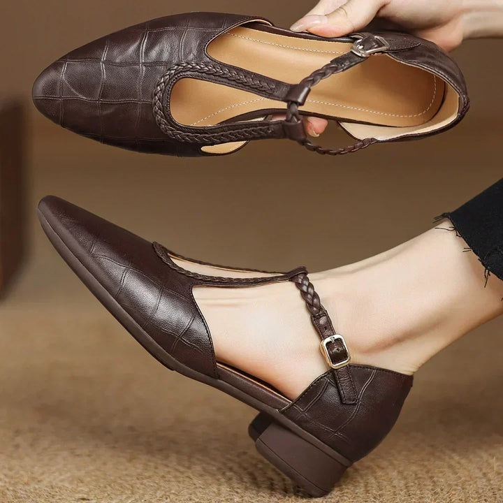 Croc-Embossed Braided T-Strap Shoes in Brown — VerolynBoutique