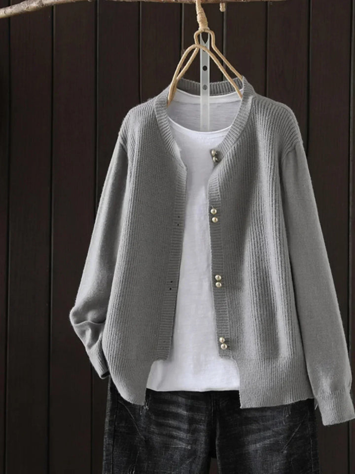 Pearl Button Crew Neck Cardigan in Grey — VerolynBoutique