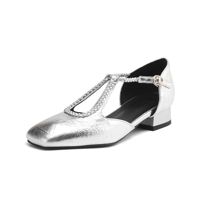 Braided T-Bar Square Toe Shoes in Silver — VerolynBoutique