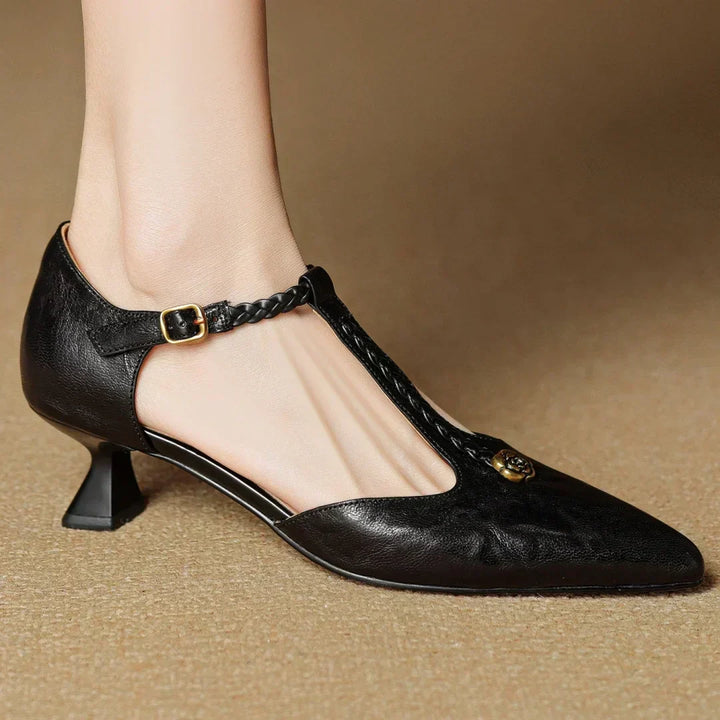 Rose Accent T-Strap Kitten Heels in Black — VerolynBoutique
