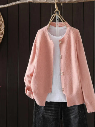 Pearl Button Crew Neck Cardigan in Pink — VerolynBoutique