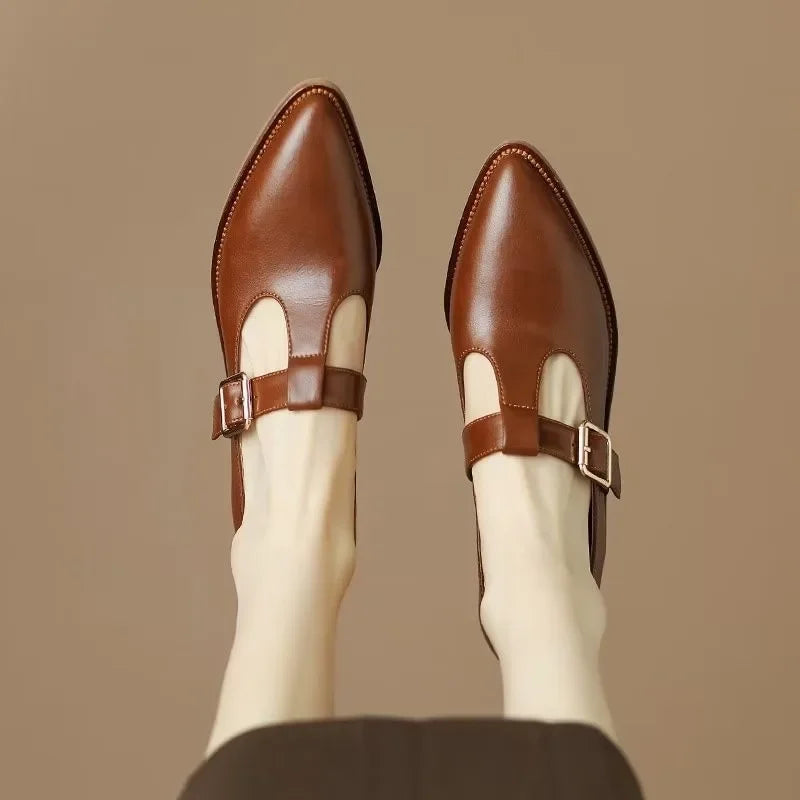 Pointed Side Buckle T-Bar Heels in Brown — VerolynBoutique