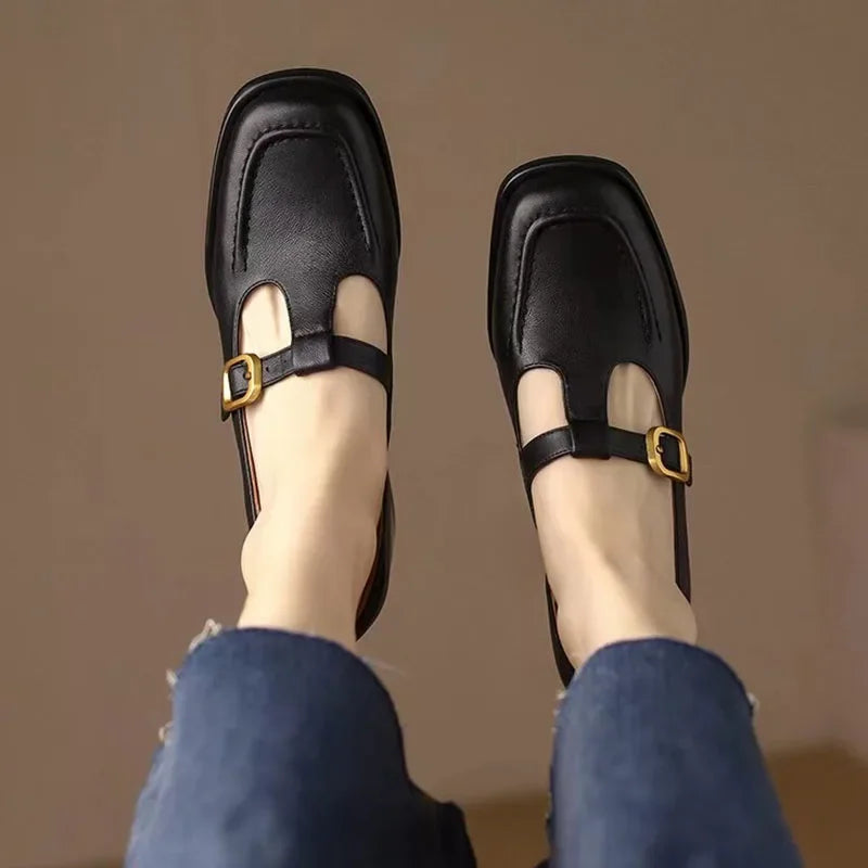 Stitched Gold Buckle T-Bar Shoes in Brown — VerolynBoutique