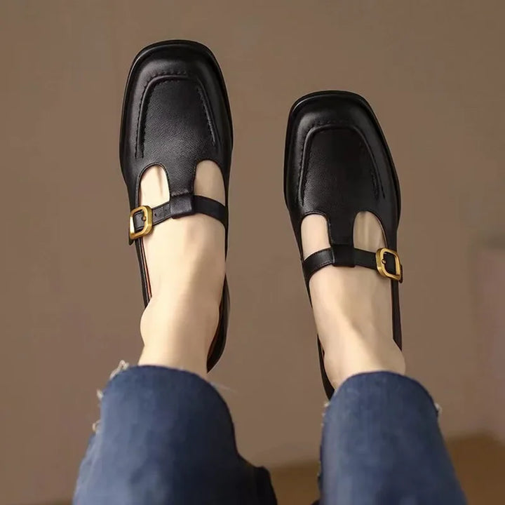 Stitched Gold Buckle T-Bar Shoes in Brown — VerolynBoutique
