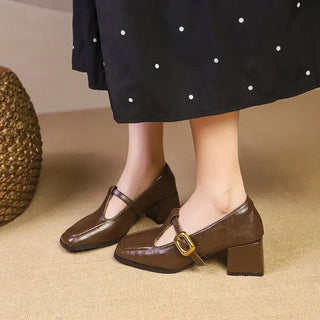 Glossy Square Toe T-Strap Heels in Brown — VerolynBoutique