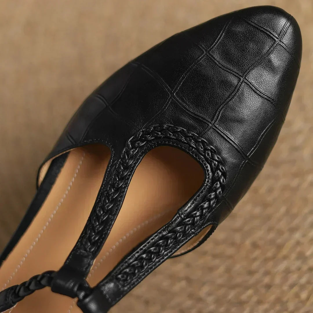 Croc-Embossed Braided T-Strap Shoes in Brown — VerolynBoutique
