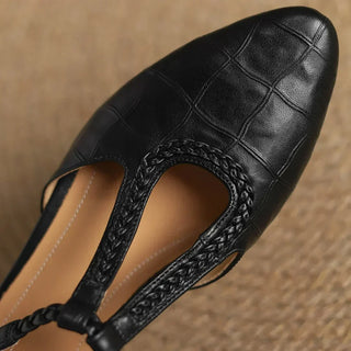 Croc-Embossed Braided T-Strap Shoes in Brown — VerolynBoutique