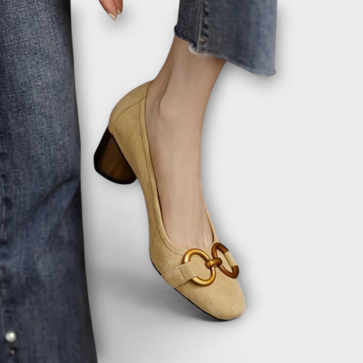 Suede-Look Horsebit Court Shoes in Navy — VerolynBoutique