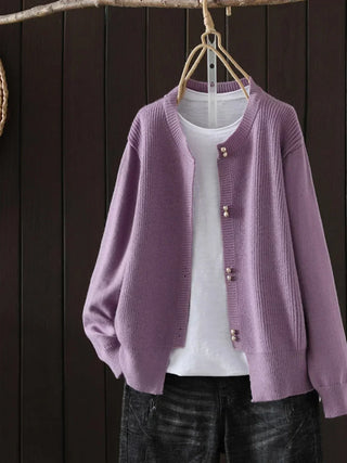 Pearl Button Crew Neck Cardigan in Purple — VerolynBoutique
