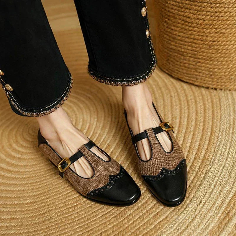 Textured Brogue T-Strap Shoes in Black — VerolynBoutique