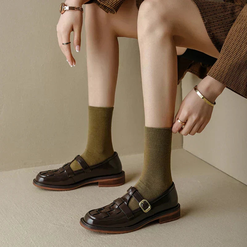 Basket-Weave Buckle Strap Flats in Brown — VerolynBoutique