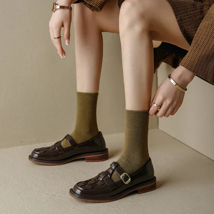 Basket-Weave Buckle Strap Flats in Brown — VerolynBoutique