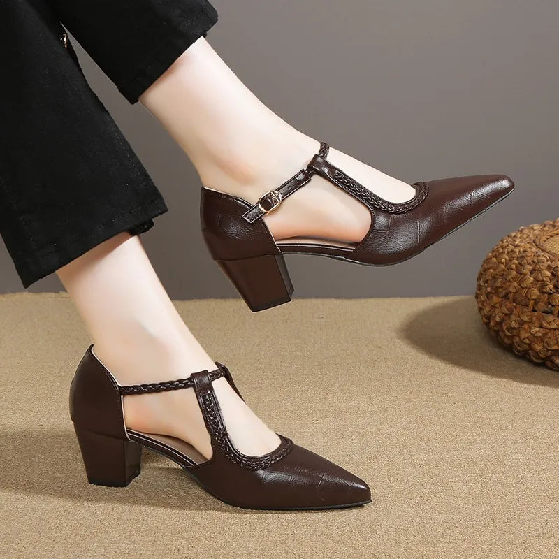 Braided T-Strap Block Heels in Brown — VerolynBoutique