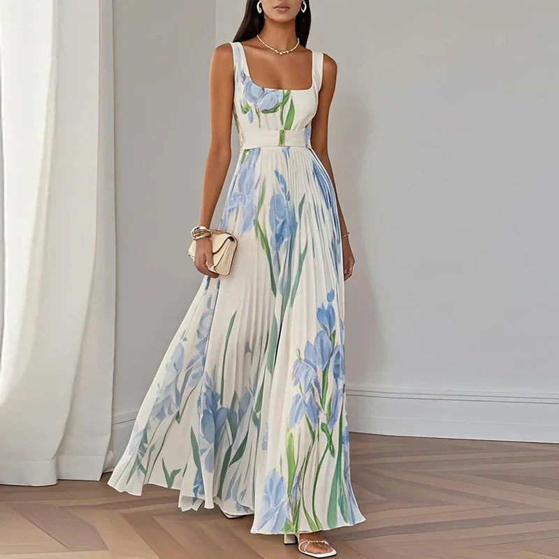 Square Neck Pleated Floral Dress in White — VerolynBoutique