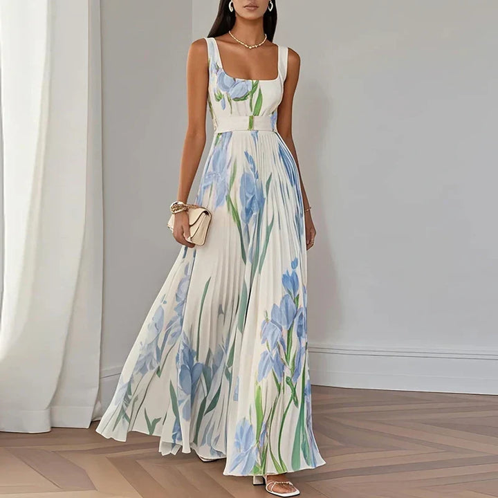 Square Neck Pleated Floral Dress in White — VerolynBoutique