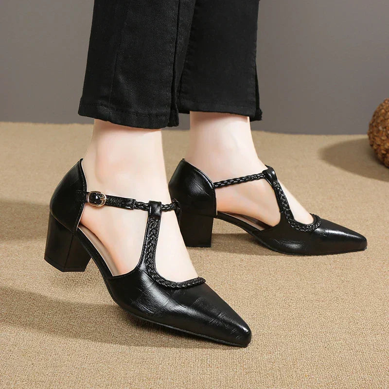 Braided T-Strap Block Heels in Brown — VerolynBoutique