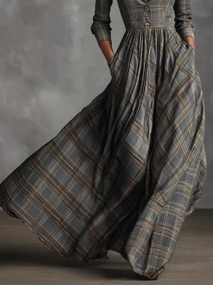 Plaid Collared Swing Maxi Dress in Green — VerolynBoutique