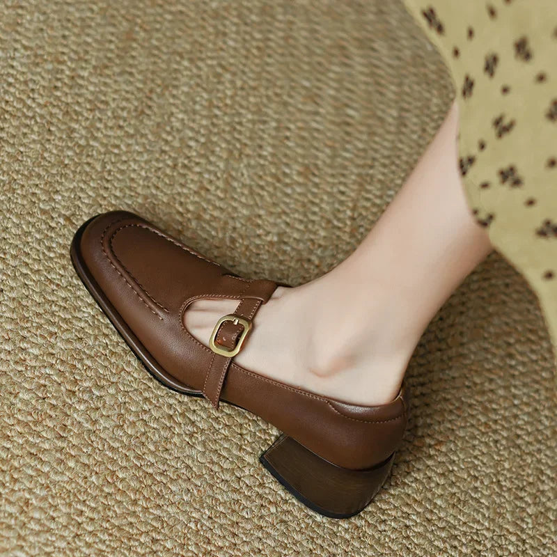 Stitched Gold Buckle T-Bar Shoes in Brown — VerolynBoutique