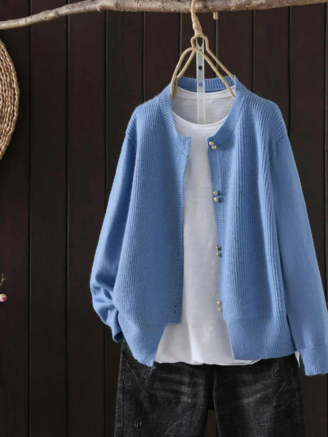 Pearl Button Crew Neck Cardigan in Blue — VerolynBoutique