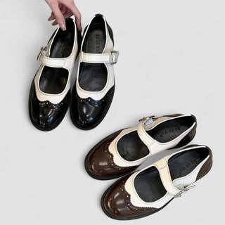Two-Tone Brogue Mary Janes in Brown — VerolynBoutique