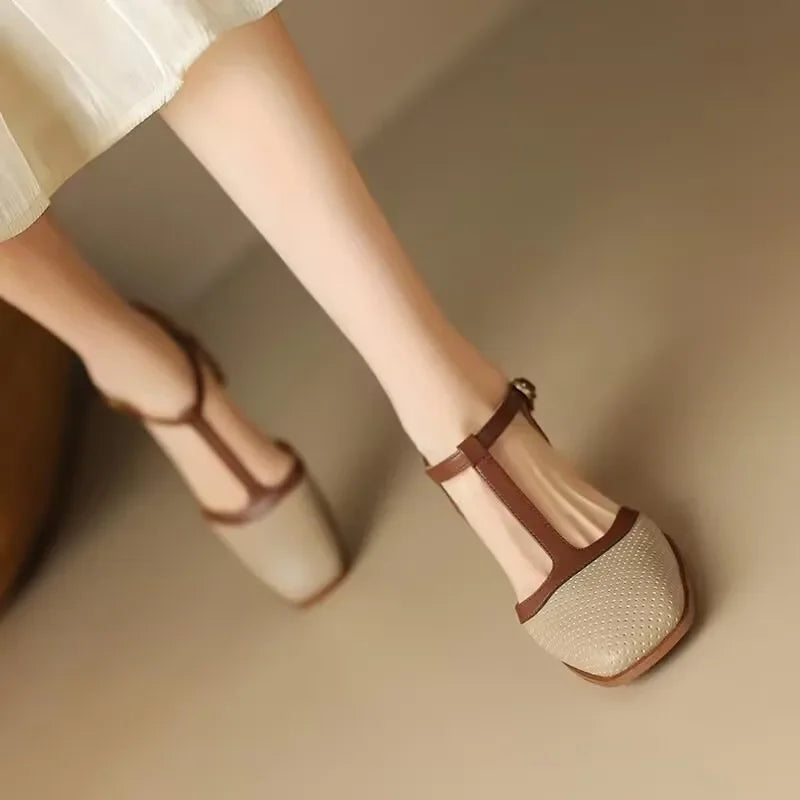 Perforated T-Strap Block Heels in Beige — VerolynBoutique