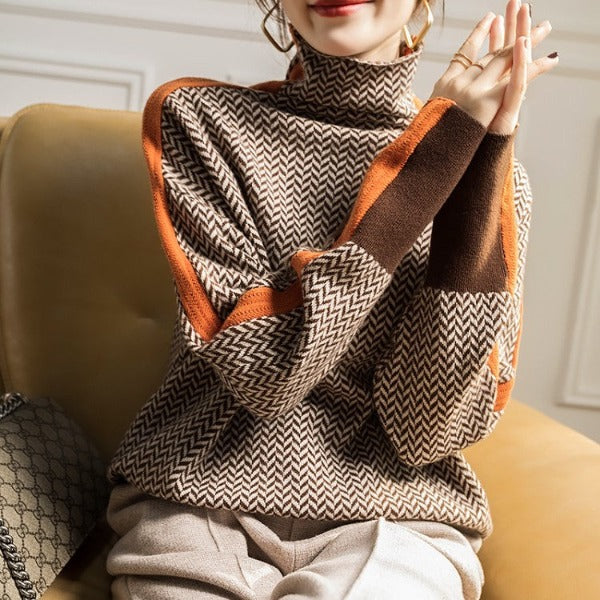 Herringbone Stripe Sleeve Turtleneck in Orange — VerolynBoutique