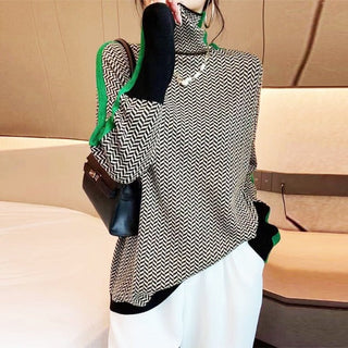 Herringbone Stripe Sleeve Turtleneck in Green — VerolynBoutique