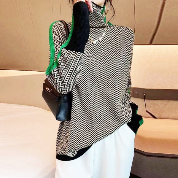 Herringbone Stripe Sleeve Turtleneck in Green — VerolynBoutique