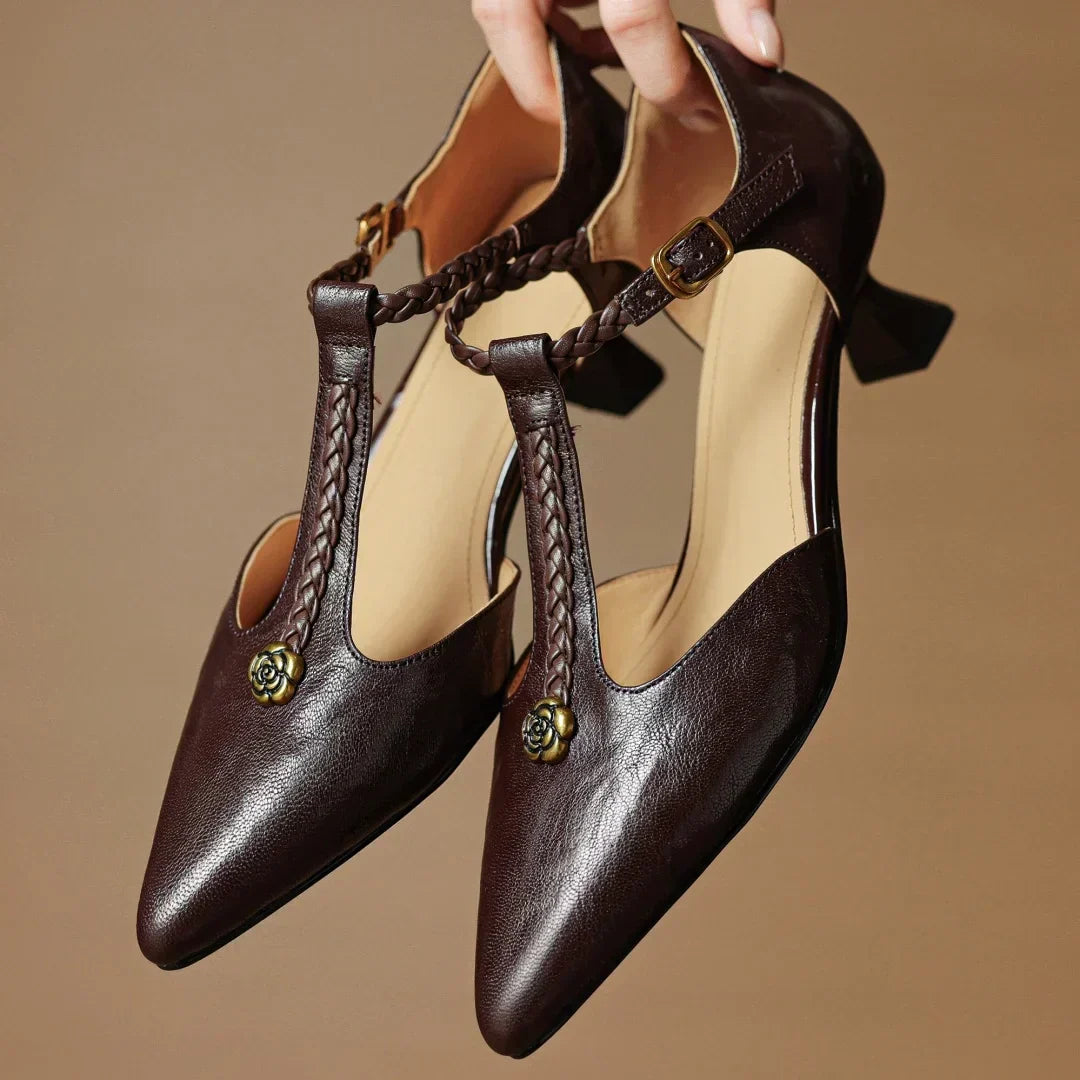 Rose Accent T-Strap Kitten Heels in Brown — VerolynBoutique