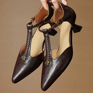Rose Accent T-Strap Kitten Heels in Brown — VerolynBoutique