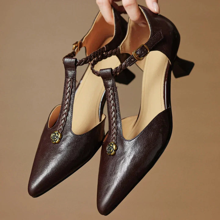 Rose Accent T-Strap Kitten Heels in Brown — VerolynBoutique