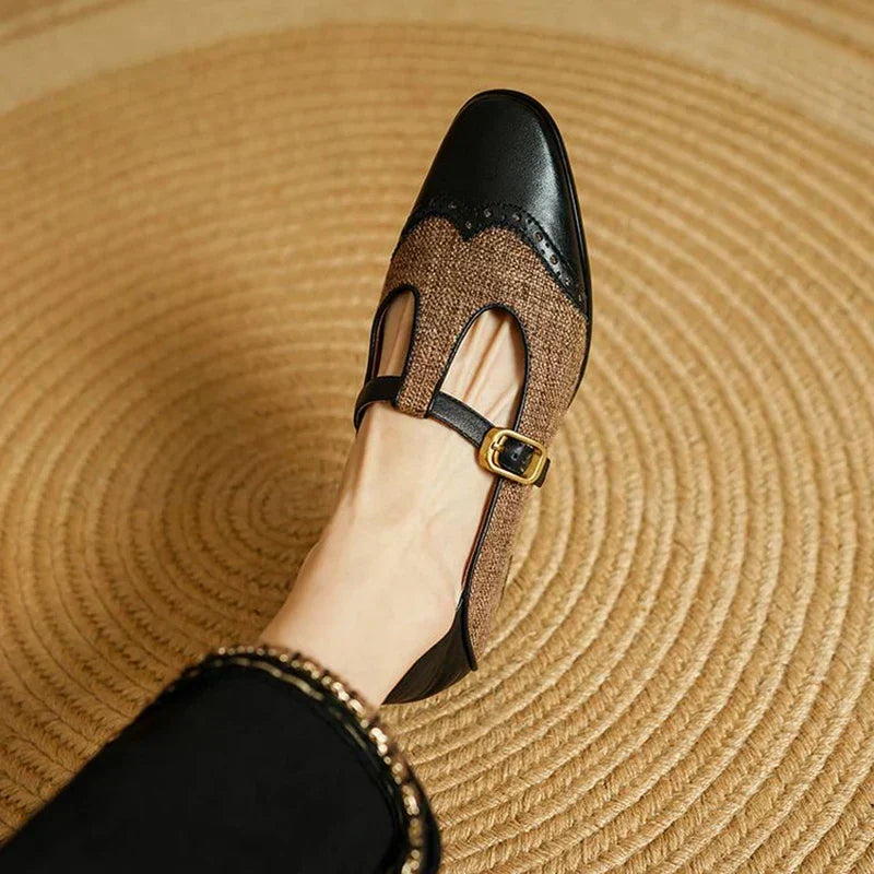 Textured Brogue T-Strap Shoes in Black — VerolynBoutique