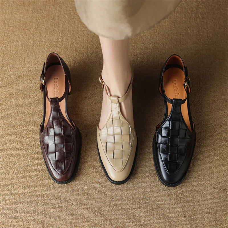 Woven Leather T-Bar Shoes in Brown — VerolynBoutique
