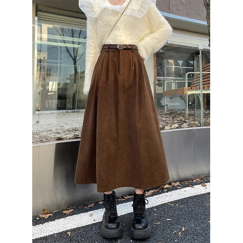 Belted Corduroy Midi Skirt in Coffee Brown — VerolynBoutique