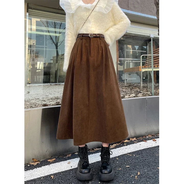 Belted Corduroy Midi Skirt in Coffee Brown — VerolynBoutique