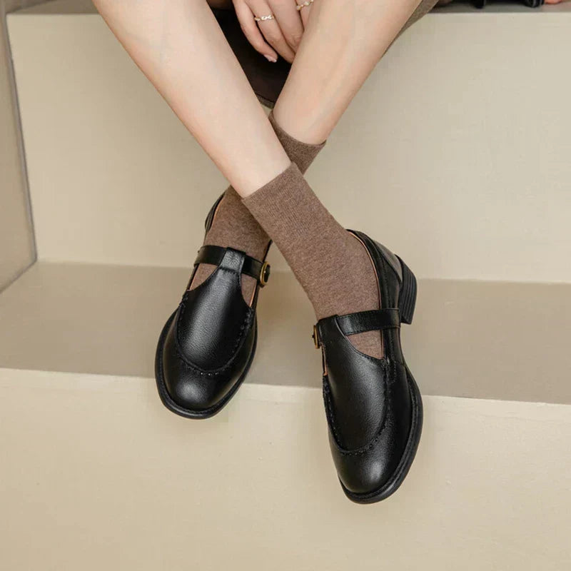 Stitched Wide T-Strap Shoes in Black — VerolynBoutique