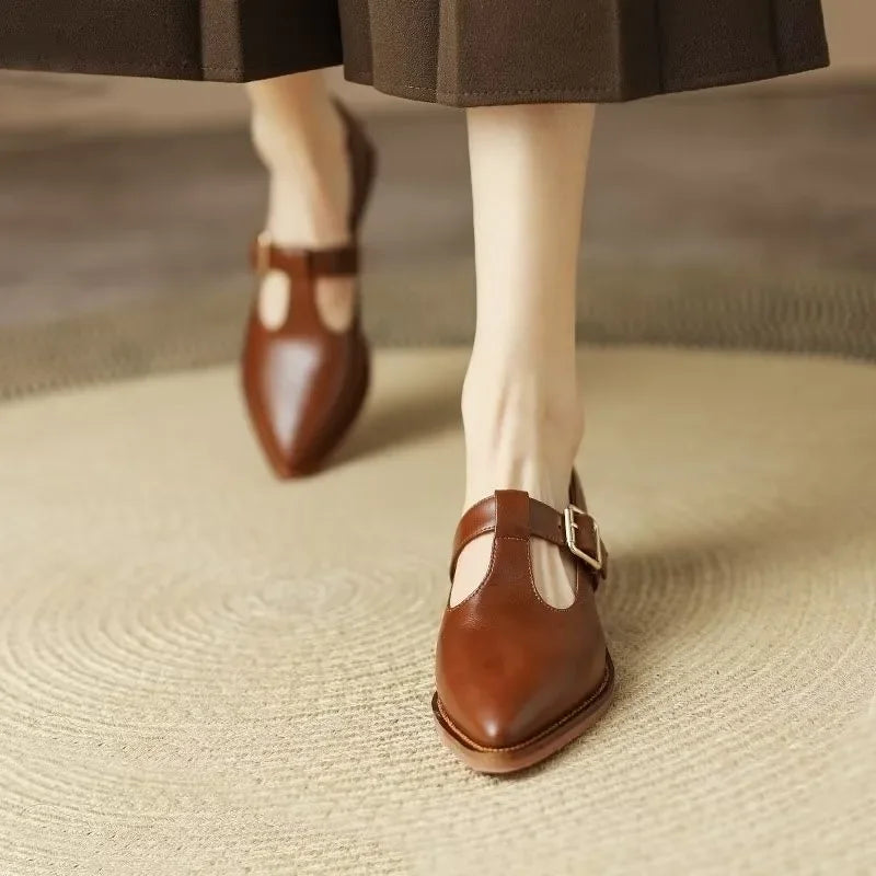 Pointed Side Buckle T-Bar Heels in Brown — VerolynBoutique