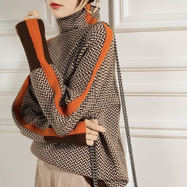 Herringbone Stripe Sleeve Turtleneck in Orange — VerolynBoutique