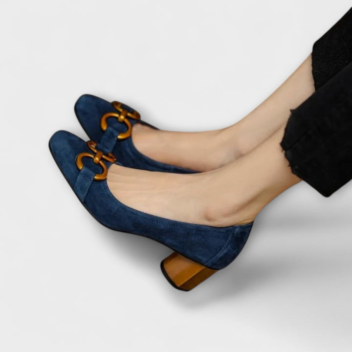 Suede-Look Horsebit Court Shoes in Navy — VerolynBoutique