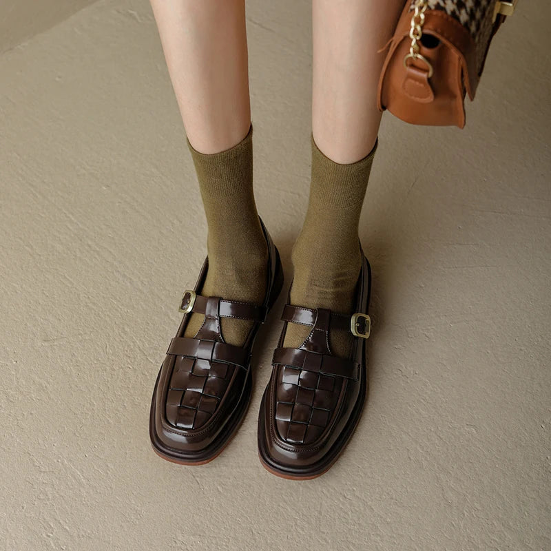 Basket-Weave Buckle Strap Flats in Brown — VerolynBoutique