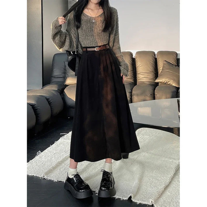 Belted Corduroy Midi Skirt in Black — VerolynBoutique