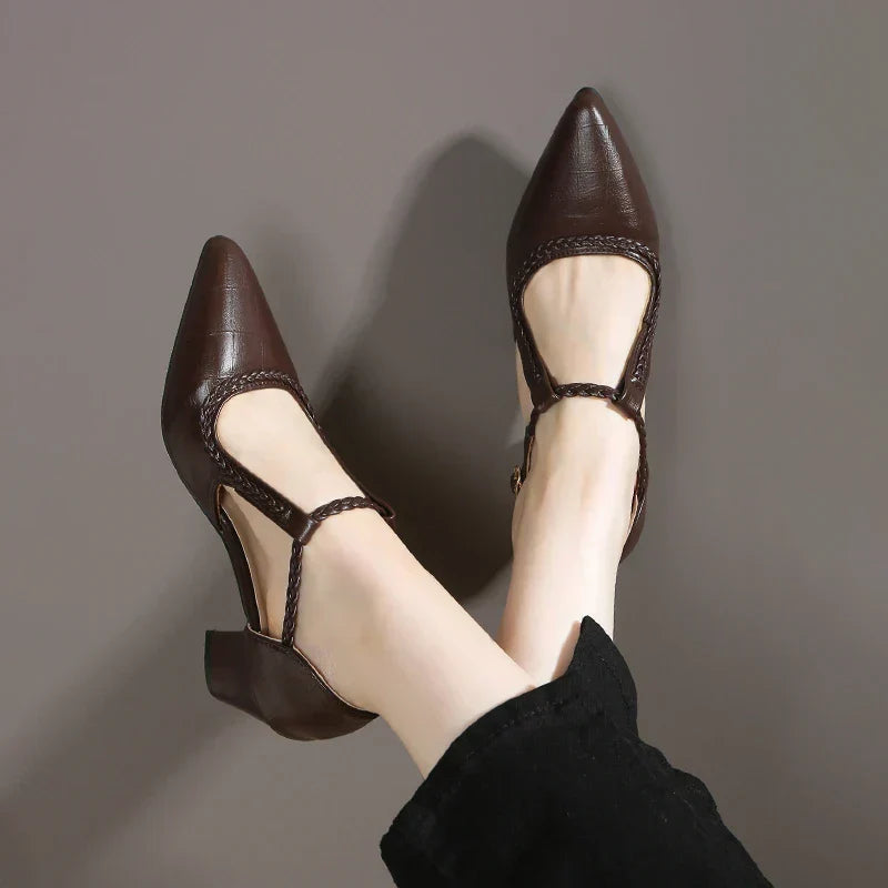 Braided T-Strap Block Heels in Brown — VerolynBoutique