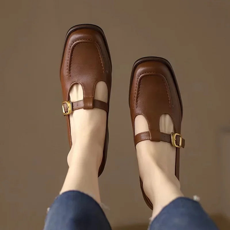 Stitched Gold Buckle T-Bar Shoes in Brown — VerolynBoutique