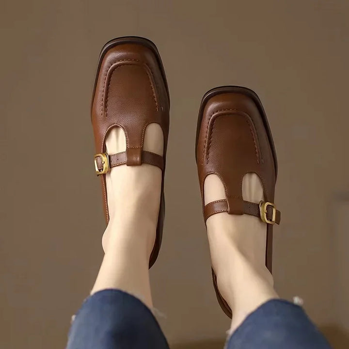 Stitched Gold Buckle T-Bar Shoes in Brown — VerolynBoutique