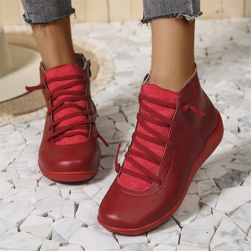 Wrap-Lace Side Zip Ankle Boots in Red — VerolynBoutique