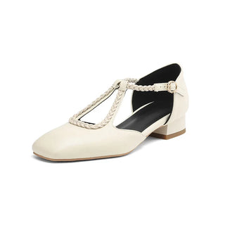 Braided T-Bar Square Toe Shoes in White — VerolynBoutique