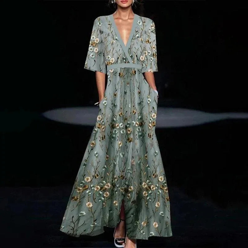 Floral V-Neck Evening Dress in Green — VerolynBoutique